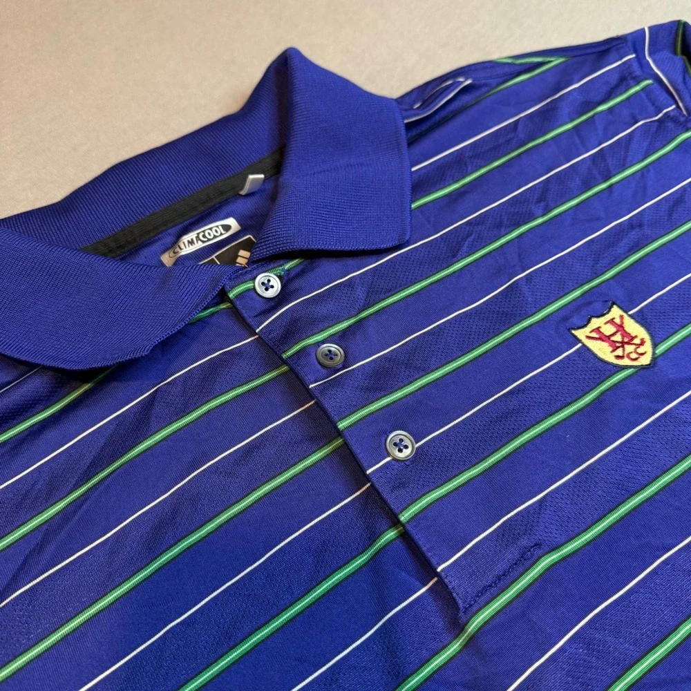 Adidas ClimaCool Mens Large Polo Shirt Blue Green Striped Golf Athletic Top